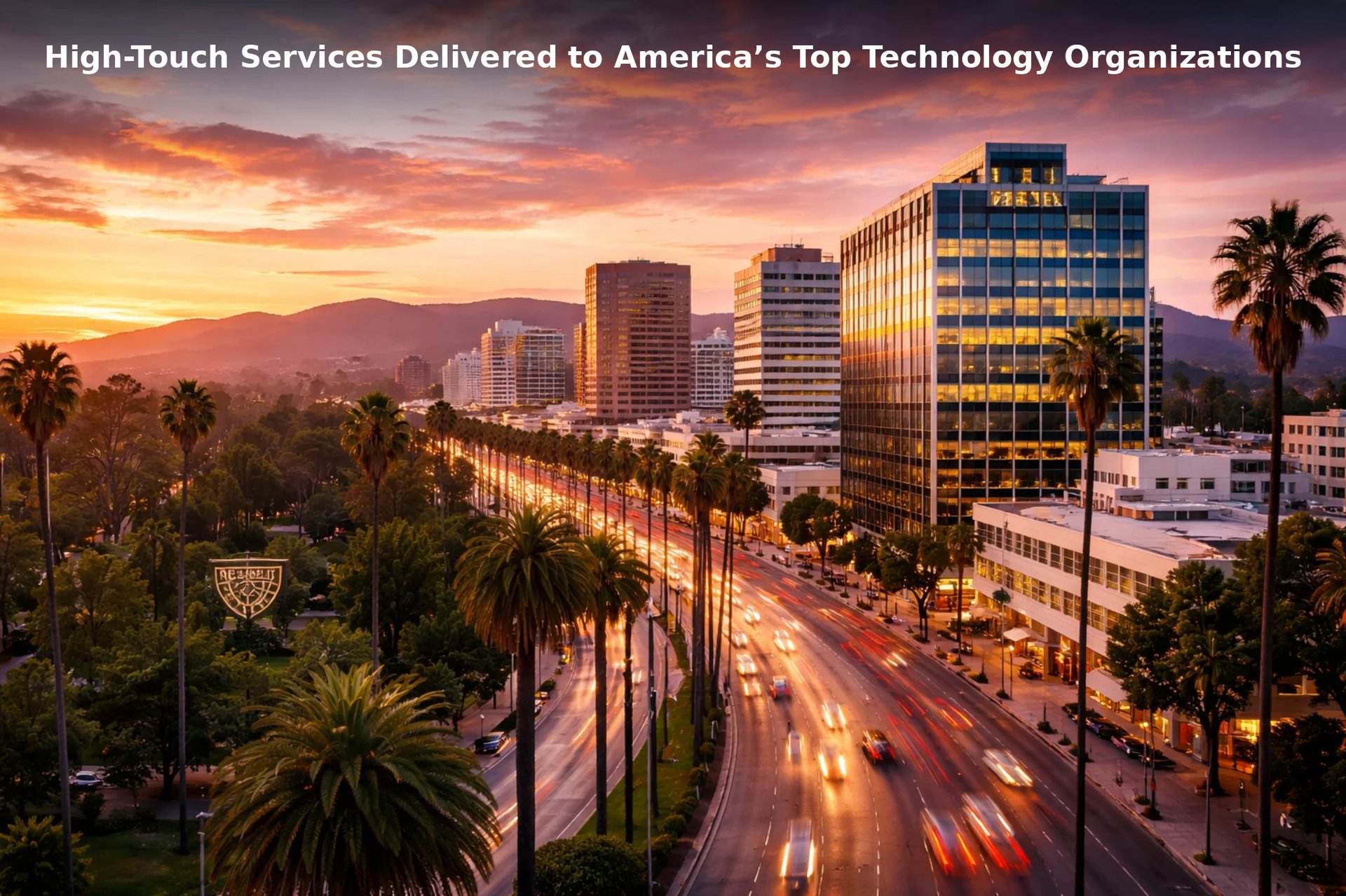 Sunset cityscape of technology district with modern office buildings, palm trees, and illuminated street traffic