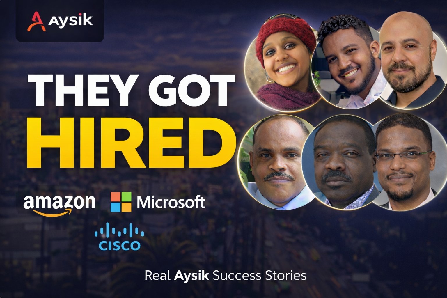 Six professionals hired at Cisco and T-Mobile companies, smiling success stories from Aysik training program
